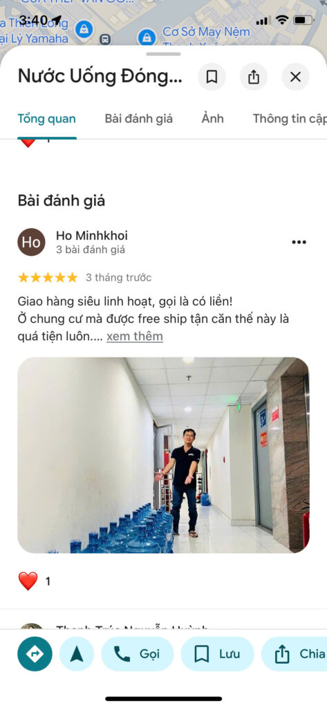 Khách hàng đánh giá nước Shirawa trên Google Maps tại chung cư Hồ Học Lãm