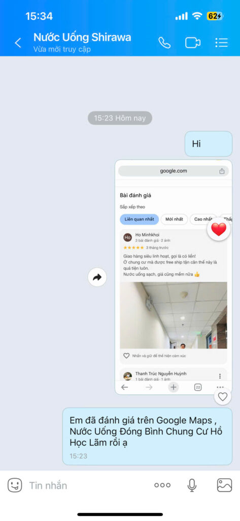 Gửi đánh giá qua nước uống shirawa