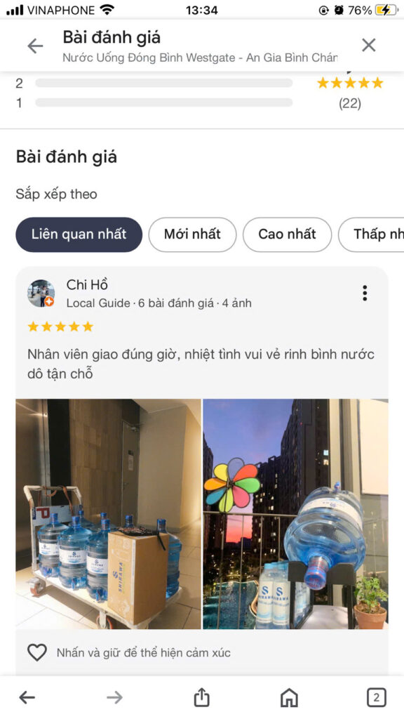 Khách hàng đánh giá nước Shirawa trên Google Maps tại chung cư Westgate
