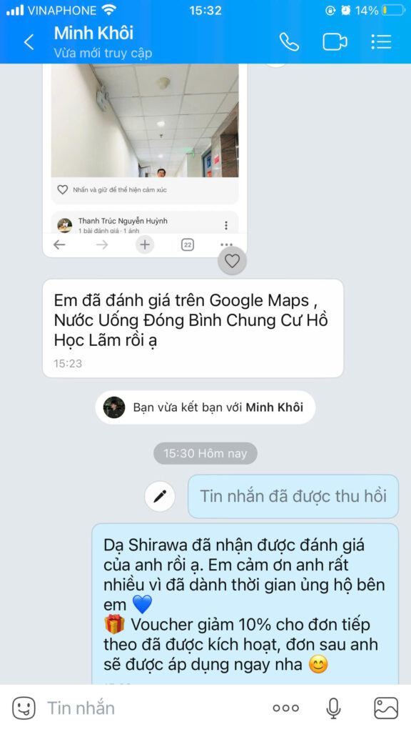 Gửi đánh giá Google Maps qua Zalo Shirawa để nhận voucher giảm giá