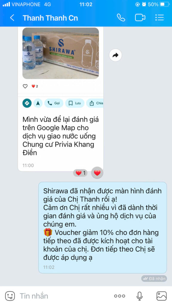 Gửi đánh giá Google Maps qua Zalo Shirawa để nhận voucher giảm giá