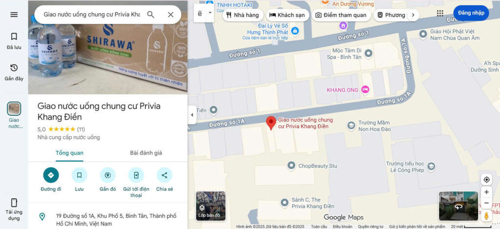 Vị trí đại lý nước Shirawa tại chung cư Privia Khang Điền Bình Tân trên Google Maps