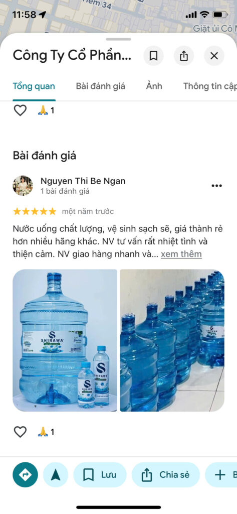 Đánh giá 5 sao từ khách hàng về chất lượng nước và dịch vụ giao hàng SHIRAWA