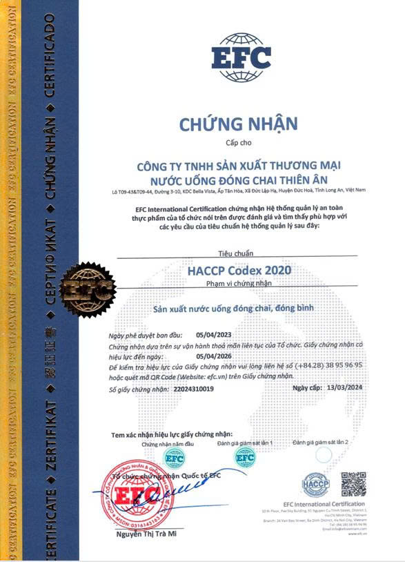 Tiêu chí chọn đại lý nước uống văn phòng - Kiểm tra giấy chứng nhận HACCP và hồ sơ công bố