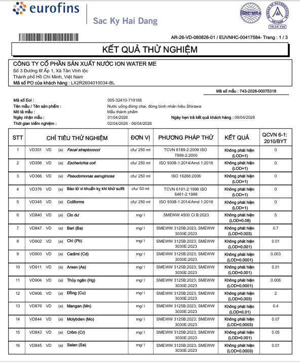 Nước Shirawa đạt chuẩn Bộ Y Tế