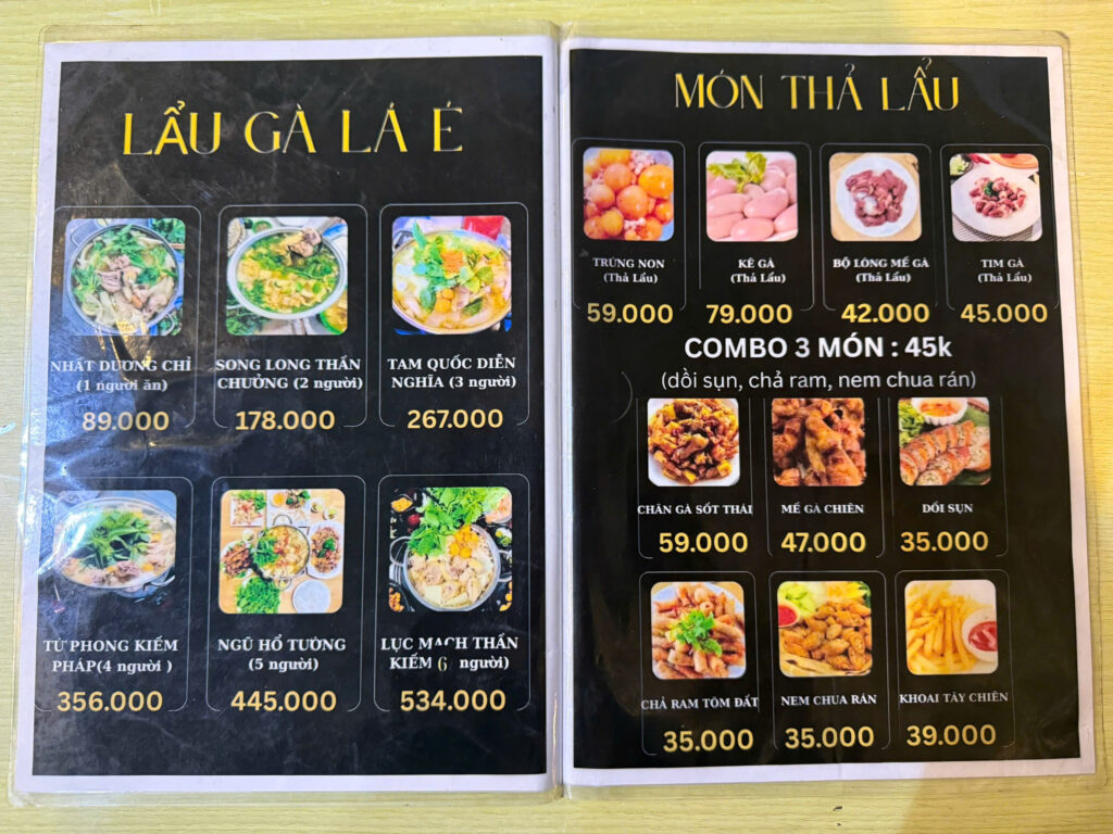 Menu và bảng giá quán Lẩu Gà Lá É Gà Vàng Quận 6 – set từ 89k/người
