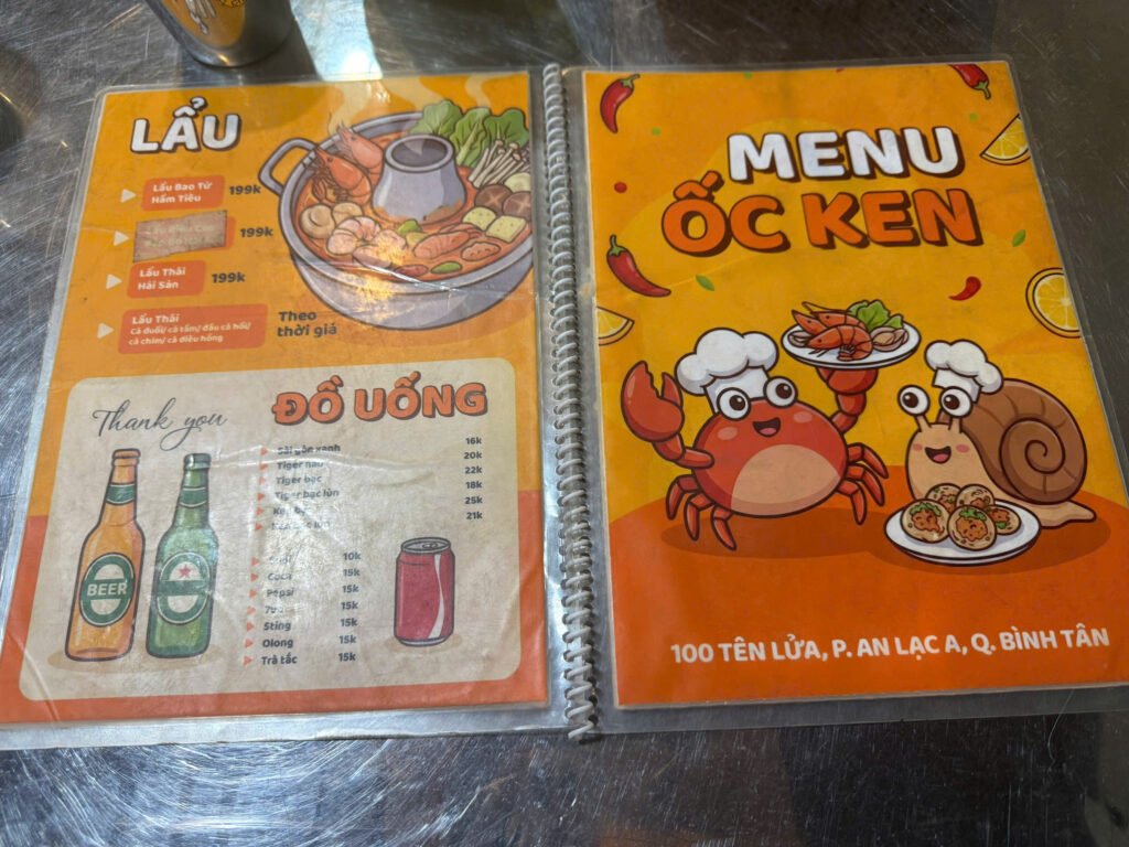 menu lẩu quán ốc ken gần prvia khang điền