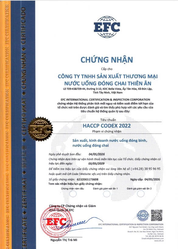 Chứng nhận HACCP Codex 2022 số 6232065173608 cấp cho Công ty TNHH Sản xuất Thương mại Nước uống Đóng chai Thiên Ân