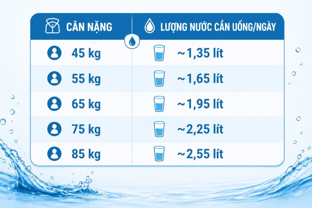công thức tính lượng nước cần uống mỗi ngày