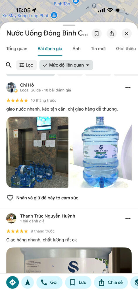 Đánh giá 5 sao từ khách hàng dùng nước Shirawa tại đường Hồ Học Lãm