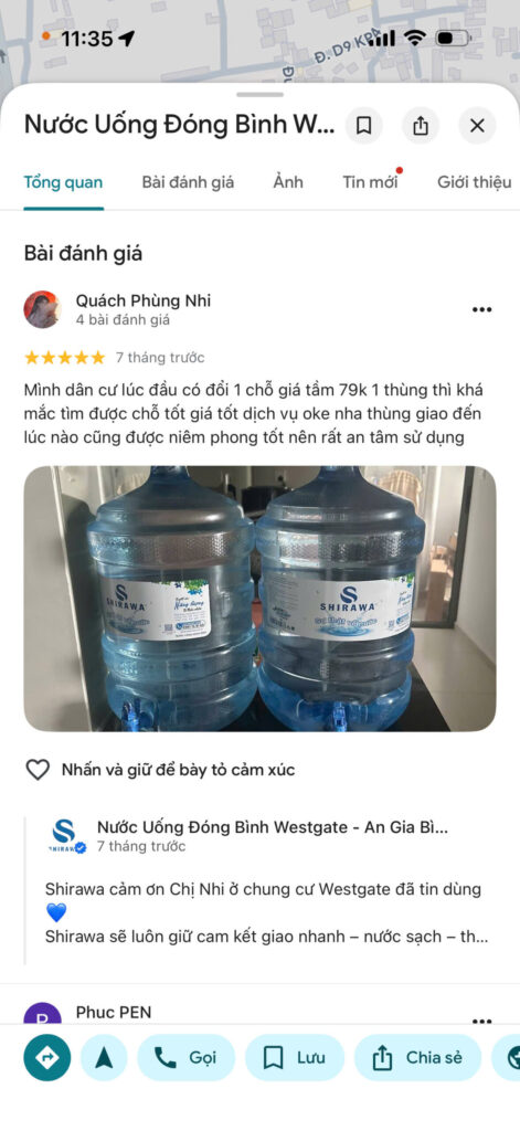 Đánh giá 5 sao từ khách hàng dùng nước Shirawa tại đường Nguyễn Hữu Trí