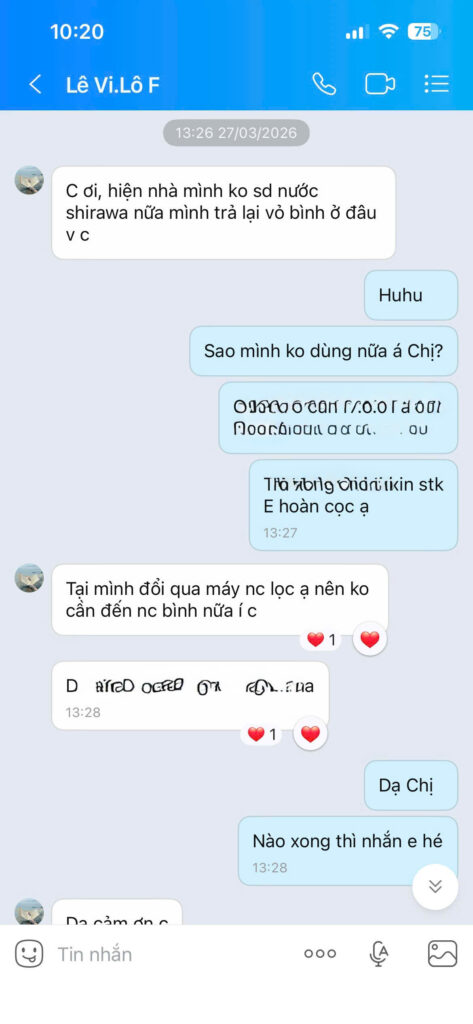 Khách hàng nhắn zalo hoàn cọc vỏ Shirawa Hồ Học Lãm