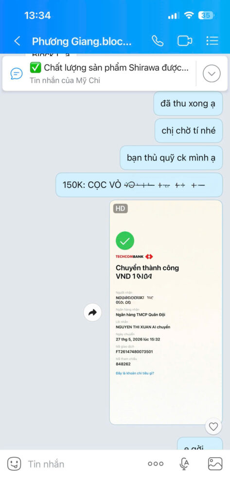 Khách Privia Khang Điền nhắn Zalo báo thu vỏ bình và nhận hoàn tiền cọc 100% từ Shirawa