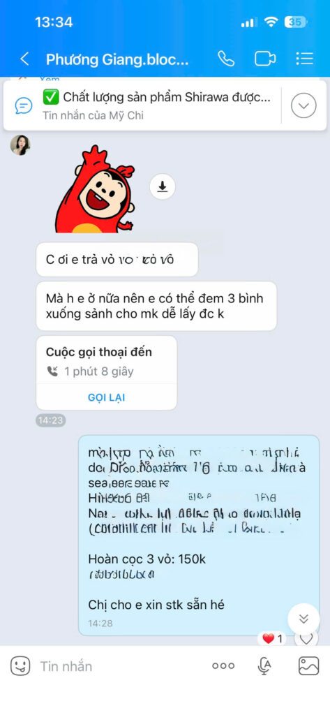 Screenshot Zalo khách Privia Khang Điền xác nhận đã nhận hoàn cọc vỏ bình nước Shirawa 100%