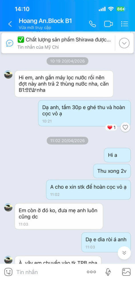 Khách Westgate An Gia nhắn Zalo báo thu vỏ bình và nhận hoàn tiền cọc 100% từ Shirawa