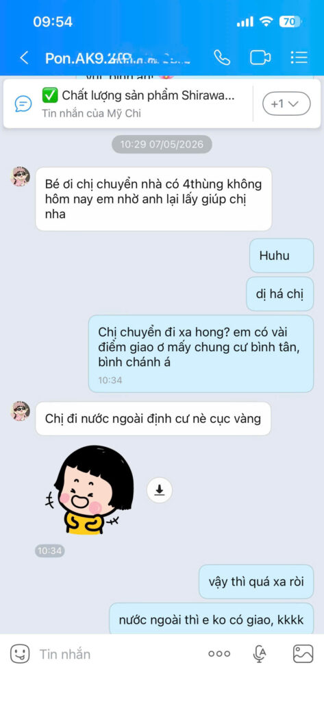 Screenshot Zalo khách Akari City xác nhận đã nhận hoàn cọc vỏ bình nước Shirawa 100%