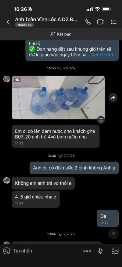 Screenshot Zalo khách Khu nhà ở Vĩnh Lộc A (Dgold) xác nhận đã nhận hoàn cọc vỏ bình nước Shirawa 100%