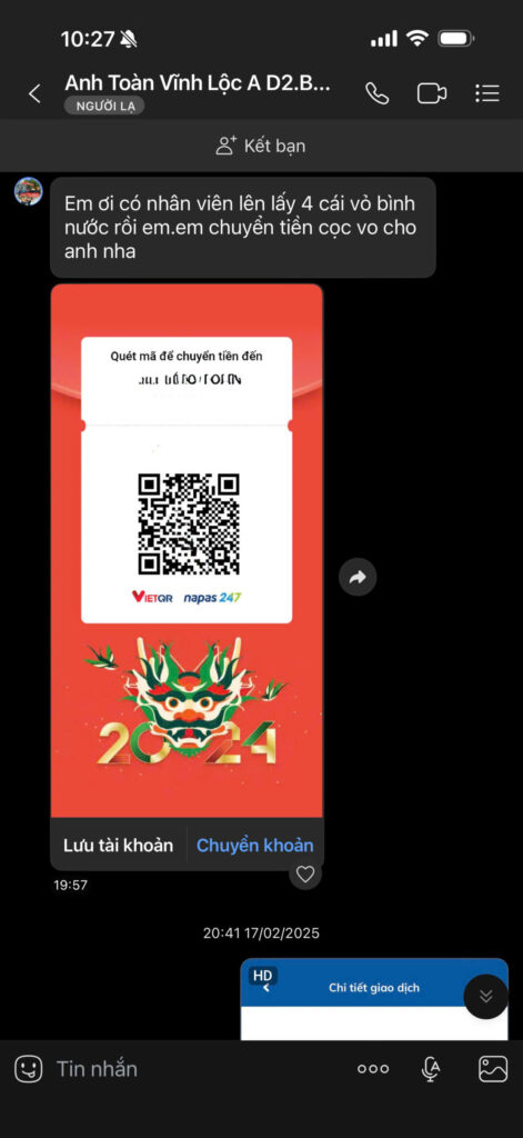 Khách Khu nhà ở Vĩnh Lộc A (Dgold) nhắn Zalo báo thu vỏ bình và nhận hoàn tiền cọc 100% từ Shirawa