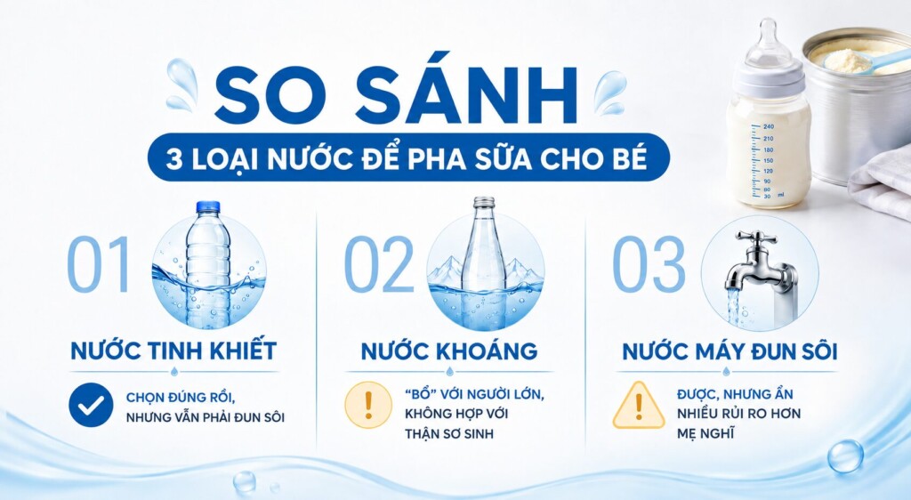 So sánh nước tinh khiết, nước khoáng và nước máy khi dùng pha sữa cho trẻ sơ sinh