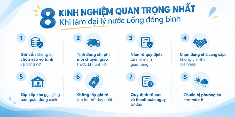 8 kinh nghiệm làm đại lý nước uống đóng bình — rủi ro thực tế và cách xử lý
