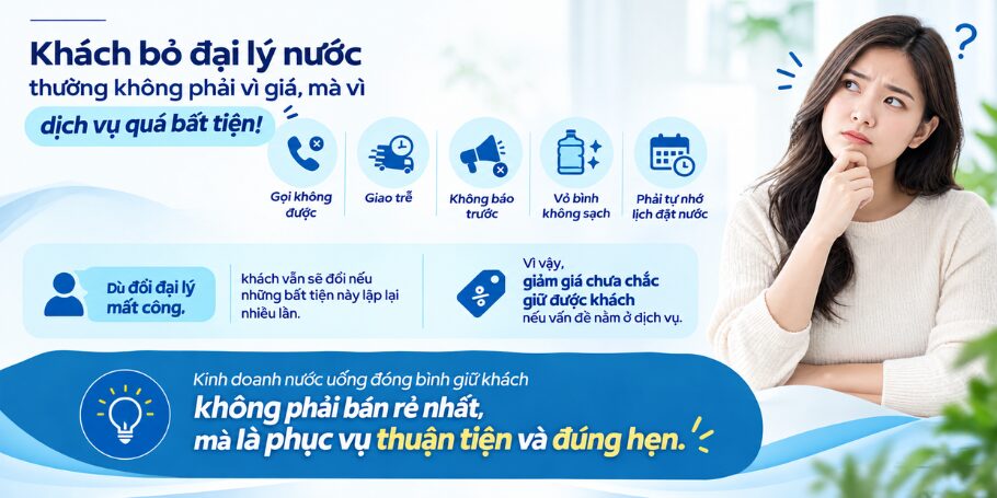 Kinh doanh nước uống đóng bình giữ khách bằng dịch vụ chủ động, không phải bằng giá rẻ